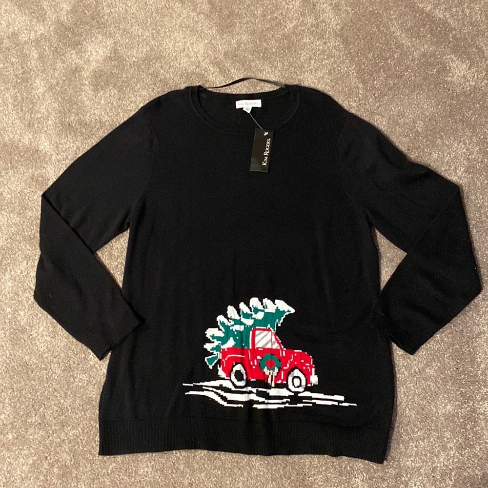 Kim Rogers Black Christmas Tree Red Pickup Truck Graphic Sweater Top XL NWT